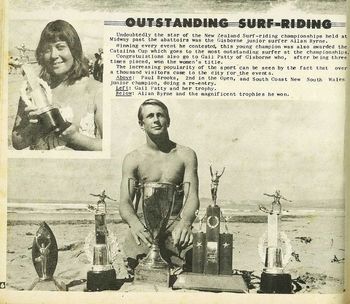 1967..NZ Surf champs at Midway......Allan Byrne with all his trophies....and Gail Patty with hers
