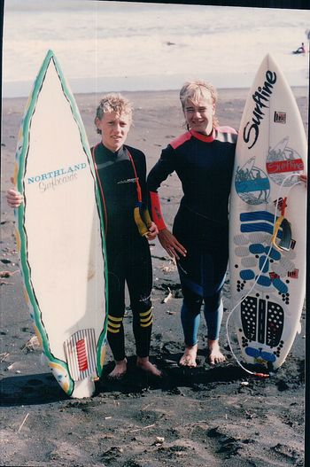 albi haag and jamie langridge surfing at schoolastics .....Piha 1985
