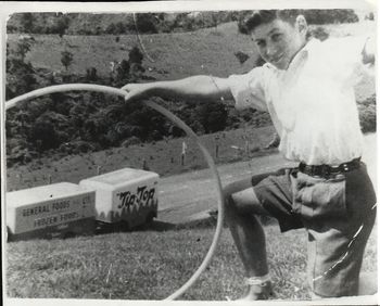 Mike Cooney top of the Bryderwyns '61 13 yr old mike who has been going to the beach now for 2 years...surfing on a surfski..check the James Dean hair which was still the rage in '61

