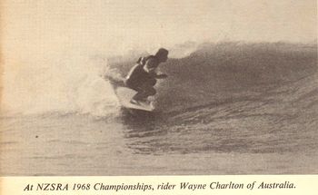 Wayne winning the '68 NZ open titles.....Wayne (Charlton) was an exceptional surfer..... who was able to combine the radical new shorter board tighter moves...with the fluidness and nose riding of the longboard era....i saw Wayne at Ahipara do some radical tight turns on a big left...then hang 10 for several seconds...amazing surfer!!.
