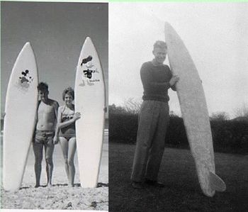 1960 Boardmaking pioneers Harold and terry decided in 1960 to build a couple of surfboards complete with Mickey mouse and Donald duck labels ...trying to copy the Edge Bros board because there was nothing else to copy then!! (see Terrys interview)
