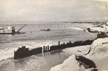Then they built a pier and began to barge supplies in although it dosen't look it in the photo...that piers about 20ft above the water..and when you surfed the peak on the other side of the channel (south peak) you could shoot the pier ...like Huntington Bch...awesome fun!
