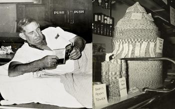 1950s ..Lofty Blomfield guarding his fundraising 'Penny pile'...anyone remember that?...
