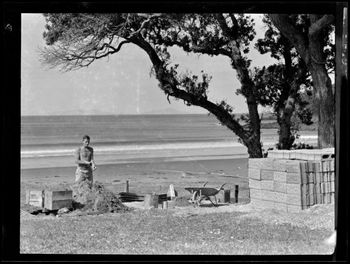 How cool is this photo...Mr Pullman making concrete blocks right on the waterfront... with a nice little wave peeling off down by the point!!  Ha!... Sandy Bay Northland xmas 1946
