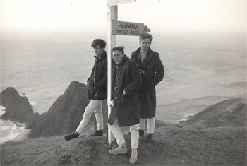the boys in their sneakers and duffle-coats....winter of '66 Cape Rienga...Brian King...Billy Pritchard and 'the right honourable Richard Robinson'....check the hair!!!...billy with his 50s flat-top....
