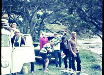 next day Mal , Rob, Craig and Drew head off to Moureeces.... courtesy of Rob Brydons '56 Ford Prefect.....can you believe it ....they took these Auckland 'Hope Ranch' boardclub members with them.......to our secret spot...'Moureeces'...shame ..shame...shame!!!
