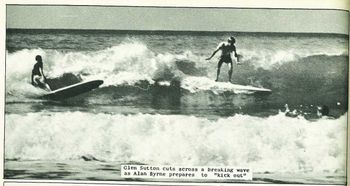 1965...Glen Sutton beating the lip,...while Allan Byrne kicks out, and maybe lose his board ....bummer! Makarori
