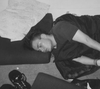 Build to Break gathering @ Antioch College, Yellow Springs, Ohio, May, 1992. Grabbing some much needed shut eye, after a long day on the road.
