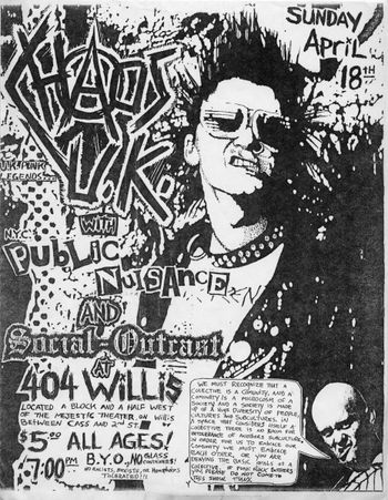 Detroit, Michigan, 1993.  Chaos UK had to cancel. The final line up was Civil Disobedience, Social Outcast, Public Nuisance and Dog's Breath (Detroit). Flyer art by Jason Outcast.
