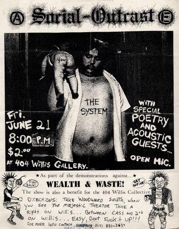 Detroit, Michigan, 1991. We were added to the bill last minute, late on the afternoon of the 21st. This was not only our first gig at the 404, but also our first time playing in Detroit. Flyer art by Jason Outcast.
