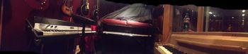 Panoramic of keys The keyboard room at The Brewhouse. From left: Fender Rhodes, Yamaha 6 footer, and a Wurly

