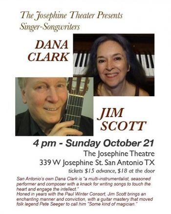 Dana Clark and Jim Scott Concert at the Josephine Theater What a special evening!  Jim and I traded songs about peace, environmental justice, aging, love, refugees, life and death!
