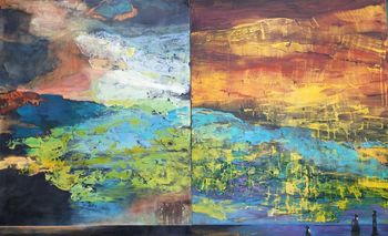 "Fractured Sky, Ruptured World" 2023 Oil/wax on panel. Diptych 60" X 96" $10,000
