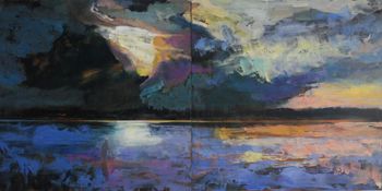 The Ghost of Loss (Under a Bruised Sky)   Oil on birch panel. 30" X 60" Diptych  2022 $4500.00

