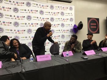 Panel 5 - R&B Legends Roundtable. Friday 11/18/16 _pic 7 Larry Dunn (Earth, Wind And Fire) sharing with Cheryl Cooley (Klymaxx) experiences and information. Lenny Williams (Tower Of Power) speaking before he leaves for his performance later.
