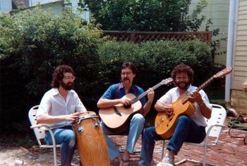 Ancient History #7 - On-again-off-again trio, Lafayette, Indiana, late 80s. We all had had high road mileage & no desire to travel. Hence our name "The Stationary Willburys". L-R: Dennis "Everything is a percussion instrument" Leas, Meself, Larry "Cool Hand" Smeyak.
