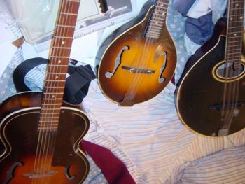 My second acoustic guitar (1949 Harmony), my 1940 Kalamazoo mandolin, and my 1908 Gibson mandocello
