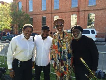 ReviveBand_Trombones Backstage at the "Art of Cool" Festival. L to R; Me, former student Joshua Vincent, Larry Thomas, & Kuumba Frank Lacy