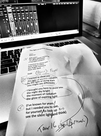 Recording session photo by Mark Gatland. These are his notes for the vocal recording session for the title track of the album. As you can see, the word 'light' is underlined, to make sure that I  (Malcolm) don't go off-piste lyrically, and accidentally get the album title wrong. Which I did manage to do in one take, surprising even myself.
