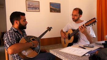 Fernando-Perez-Crete-Greek-Project Fernando and Bouzouki player Ares in Crete during the filming of Greek Music for Guitar
