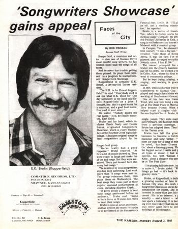 kc Star article by bob friskel, ekbruhn The Kansan 1981 article on ek doing songwriter showcase

