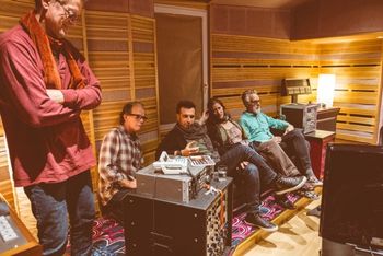 recording session March 2017 this is Taras Prodaniuk, Billy Watts, Little Konzett, me, and David Raven listening down to my song 'Louisiana' which we'd tracked together in March 2017.
