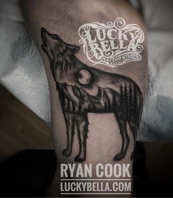 Wolf and Mountain Sceneby Ryan Cook at Lucky Bella Tattoos in North Little Rock, Arkansas
