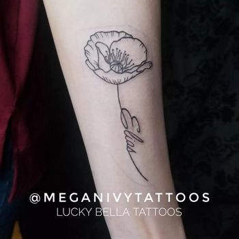 Poppy and Lettering Tattoo by Megan Ivy at Lucky Bella Tattoos in North Little Rock, AR
