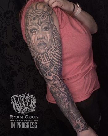 Black and Grey Sleeve in Progress by Ryan Cook at Lucky Bella Tattoos in North Little Rock, AR

