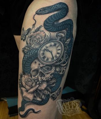 Blue Racer Snake, Skull, Roses, and Pocketwatch by Howard Neal at Lucky Bella Tattoos in North Little Rock, AR
