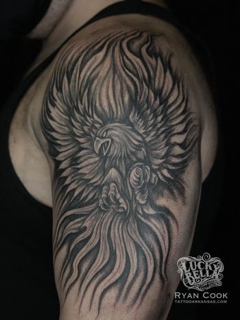 Blak and Gray Phoenix Tattoo by Ryan Cook at Lucky Bella Tattoos in North Little Rock, AR
