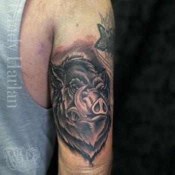 Black and Grey Razorback Tattoo by Randy Harlan at Lucky Bella Tattoos in North Little Rock, AR
