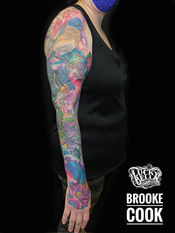 Bird and Floral Sleeve by Brooke Cook at Lucky Bella Tattoos in North Little Rock, Arkansas
