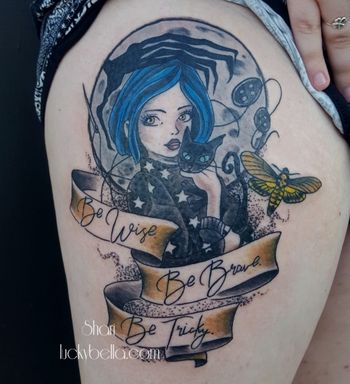 Coraline Thigh Tattoo by Shari Qualls at Lucky Bella Tattoo
