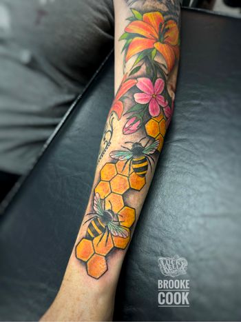 In progress sleeve tattoo by Brooke Cook
