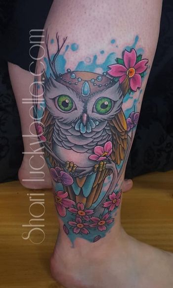 Colorful Owl Tattoo by Shari Qualls at Lucky Bella Tattoos in North Little Rock, AR
