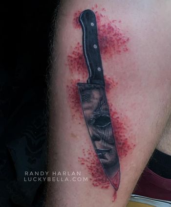 Micheal Meyers Knife Tattoo by Randy Harlan at Lucky Bella Tattoos in North Little Rock, AR
