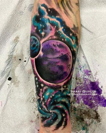Space Coverup Tattoo by Shari Qualls at Lucky Bella Tattoos in North Little Rock, AR
