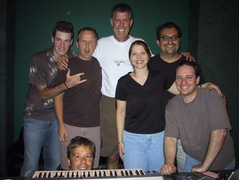 Jason Hoard, Pat Malone, Dennis Holt, Karen, Carl Herrgessel, and Jeff Sandstrom (floating head) Recording the Forever Changed CD at 12 Oaks Recording Studios
