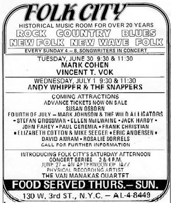 Folk City, June early '80s Village Voice ad
