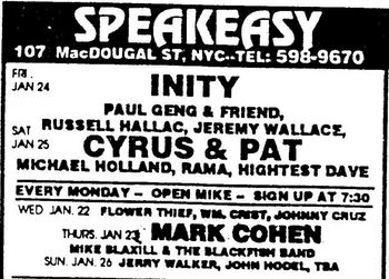 Speakeasy on MacDougal St. Village Voice ad for Speakeasy show, January 28, 1992
