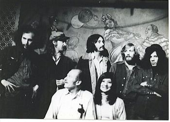 Folk City, mid-'70s Pre-show, (l-r) Mark Cohen, Jack Hardy, Hugh Prestwood, Bob Potter, Roland Moussa, seated Mike Porco and Toshiko
