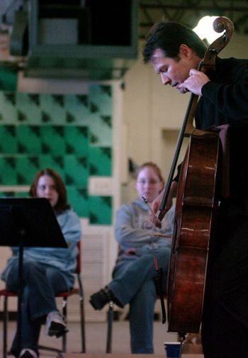 Cellist, Daniel Gaisford school visit. / Demonstration for a class of string students 1706 Matteo Goffriller, the "Warburg"