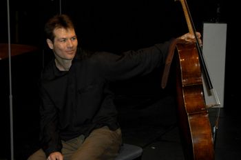 Cellist, Daniel Gaisford back stage before a performance in Westchester, NY. with his 1706 Matteo Goffriller Cello, the "Warburg"