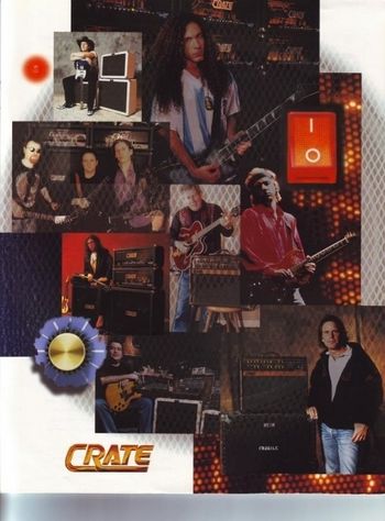 CRATE PROMOTIONAL POSTER. (top-bottom) Cary Park, guy from megadeath, Blue Oyster Cult, Chet Atkins, Mark Knopfler, another guy from a metal band, Los Lobos, Bob Weir (Grateful Dead)
