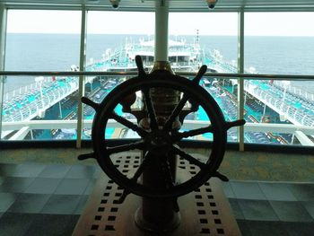 Captains wheel up in the Viking lounge.
