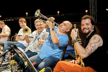 Martin with wonderful musicians french trombone player: Michel Bardon, Armenian trumpeter: Yervand M Ziad Rahbani Rehearsal at Waterfront, Beirut
