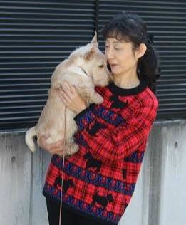 Kinkaku with her breeder, Emi Nakahara, of Land Rose Scottish Terriers, in Tokyo, Japan
