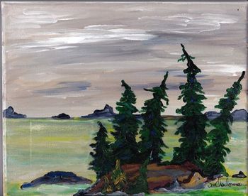 Sold Mamaise/Lake Superior Coastline"8x10'' acrylic on canvas. Mamaise Harbour on a windy grey day. From a shoreline perspective the wind blowing so hard the rocky islands seemed to be moving. This little painting is new and available.Price $225.00 plus shipping includes a birch bark frame hand made by the artist.
