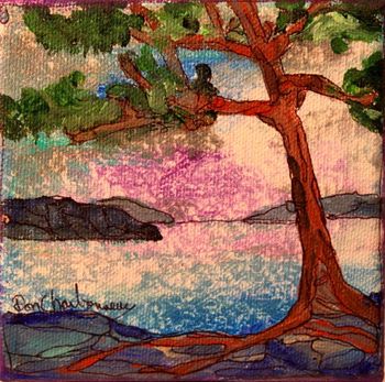 Title:" Nokomis Hiking Trail"  4"x4" acrylic on canvas. This is the first view on the Nokomis trail. Looking out on "Old Woman Bay". The trail is located across from Old Woman Bay day campground...Sold
